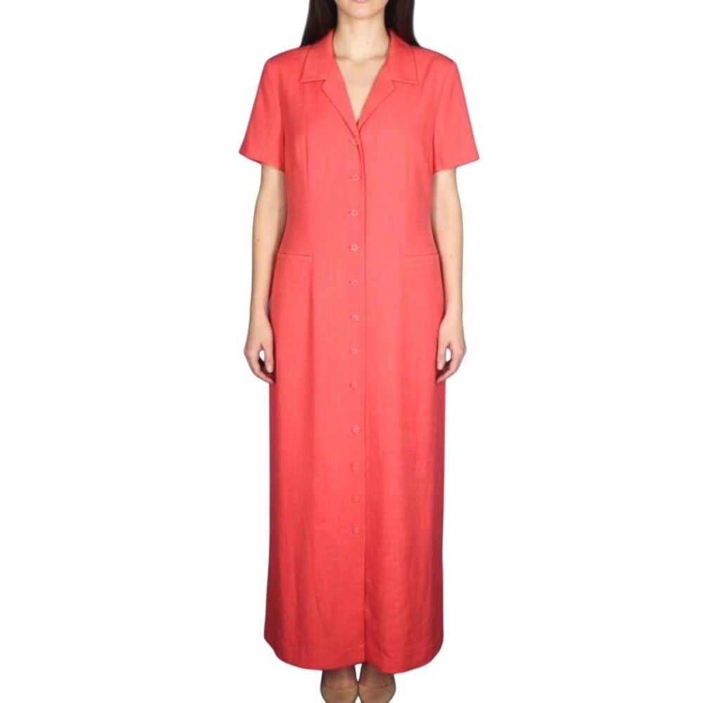 Vintage ADRIANNA PAPELL Coral TWILL Button-Up Lined SHEATH MAXI DRESS Sz 10